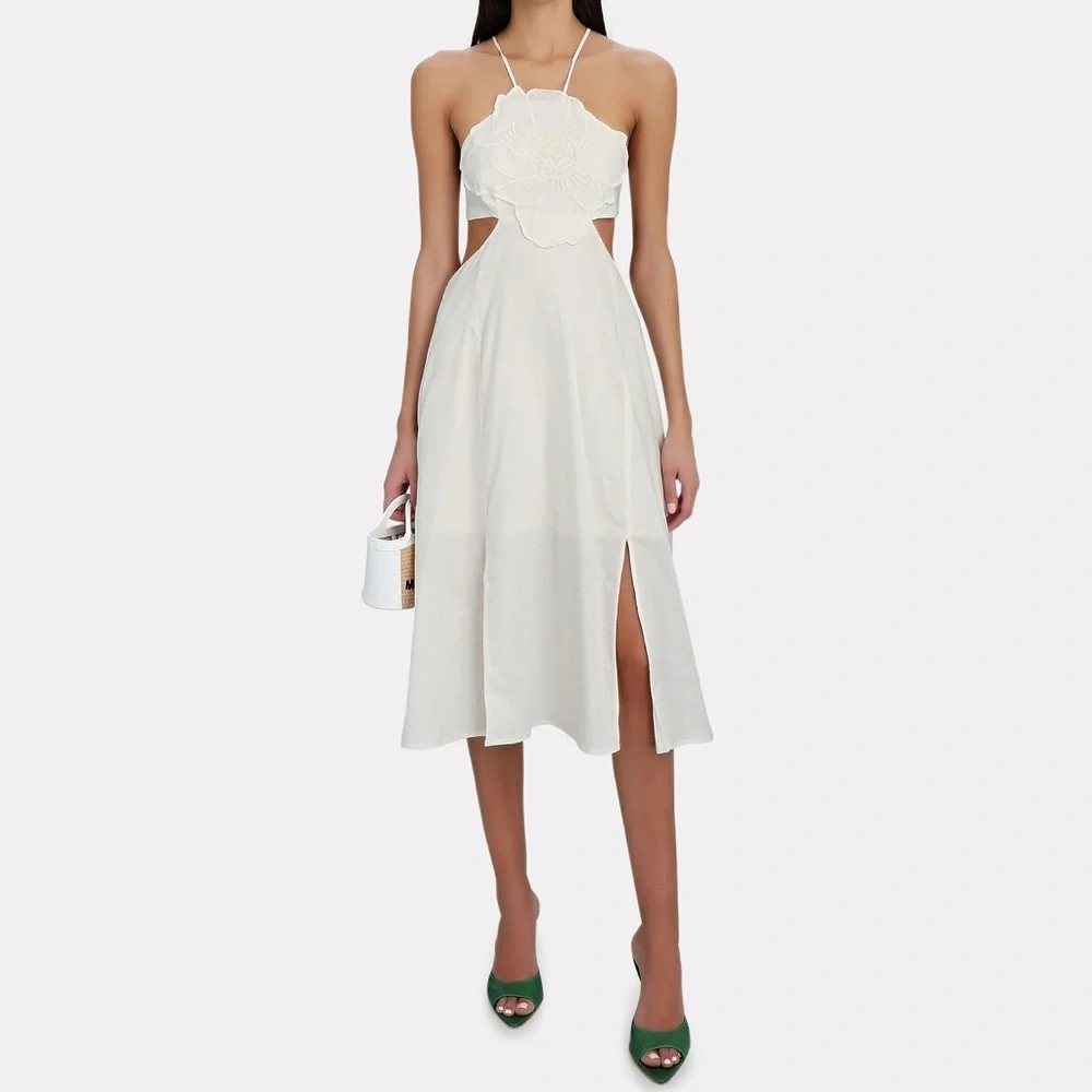 farm rio flower appliqué cutout midi dress in ivory - Picture 1 of 5